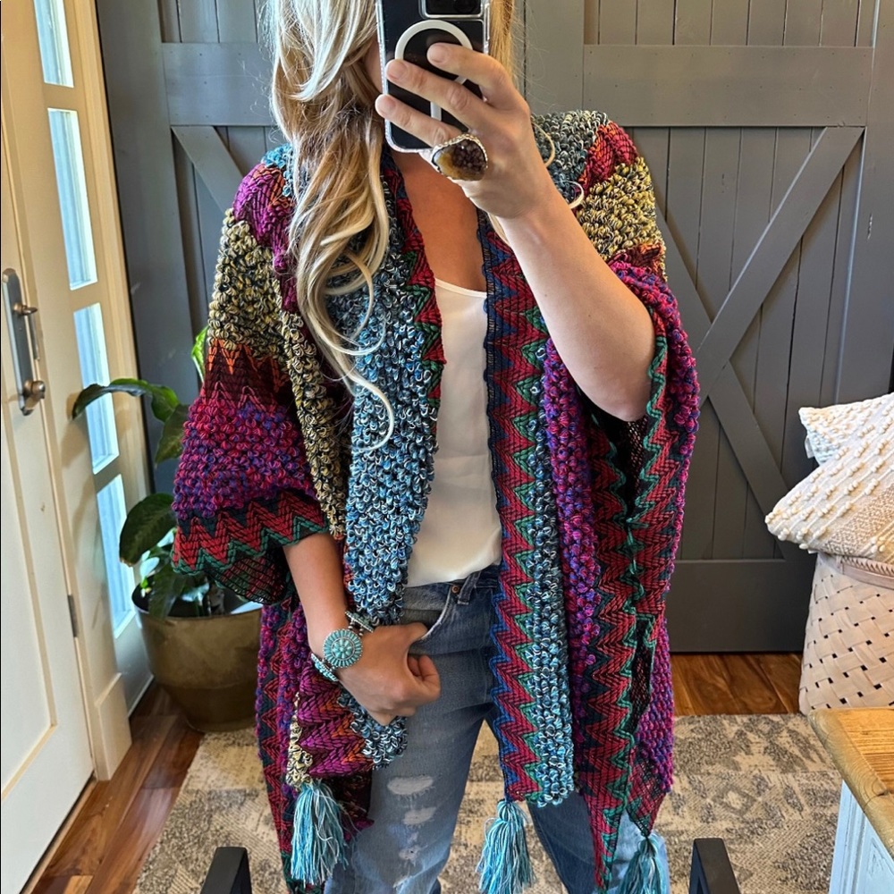 New Bohemian Loom Moroccan Knit Tasseled Handmade Poncho Cardigan Sweater - Picture 3 of 10